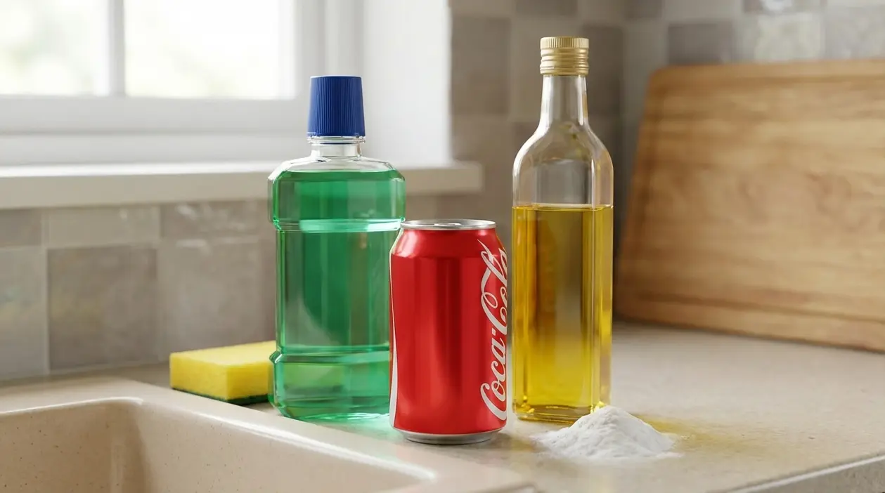 Tre prodotti comuni in cucina su un piano vicino al lavello, usati come rimedi domestici alternativi