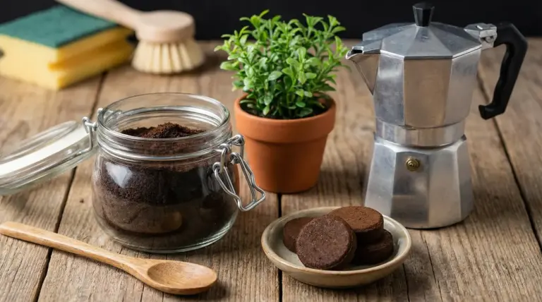 Fondi di caffè in barattolo su tavolo di legno con moka, piantina in vaso e spazzola per pulizie domestiche