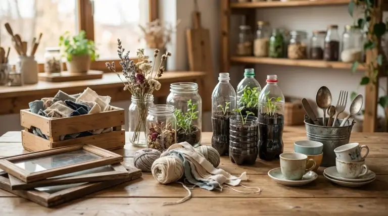 Oggetti da riutilizzare in casa: barattoli, bottiglie, tazze, cornici, tessuti e utensili su un tavolo di legno