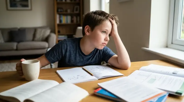 Ragazzo seduto al tavolo con quaderni e libri aperti, appare annoiato mentre guarda fuori dalla finestra