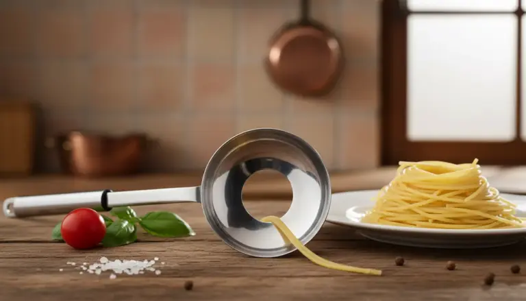 Mestolo per la pasta con foro centrale sul tavolo, accanto a spaghetti nel piatto, basilico e pomodorino