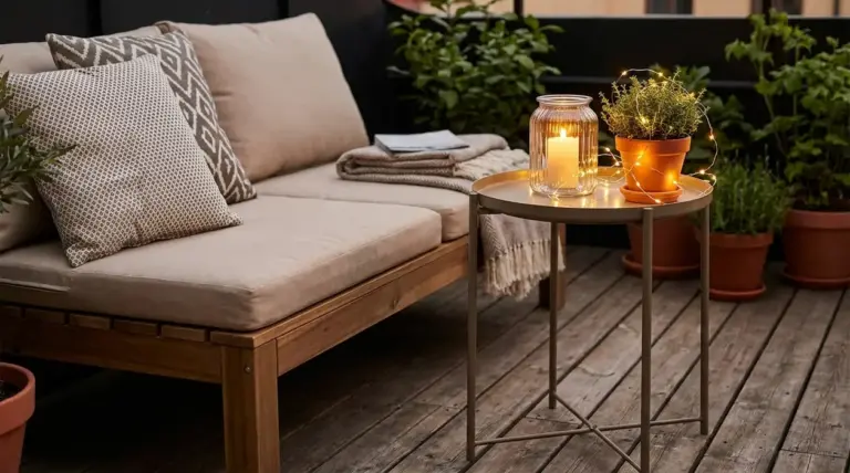Luci LED su un tavolino da terrazzo accanto a candela e pianta in vaso, con divanetto da esterno e cuscini