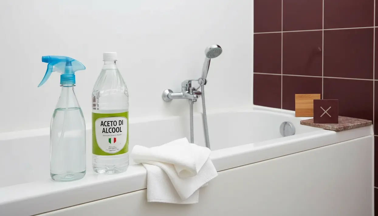 Flacone di aceto di alcool e spruzzino sul bordo della vasca da bagno, con panno in microfibra e doccetta
