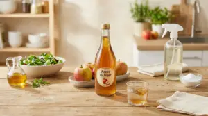 Bottiglia di aceto di mele su tavolo in cucina con mele, insalata, bicchiere e flacone spray per pulizie