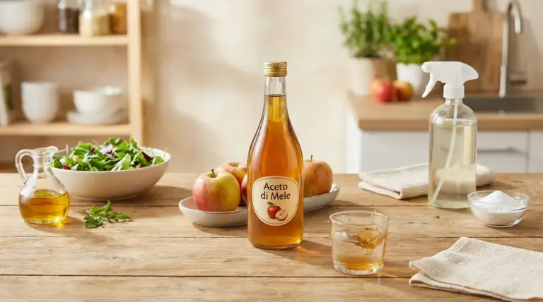 Bottiglia di aceto di mele su tavolo in cucina con mele, insalata, bicchiere e flacone spray per pulizie