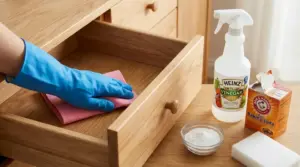 Pulizia di un cassetto in legno con panno, aceto e bicarbonato per eliminare l’odore di muffa dai mobili
