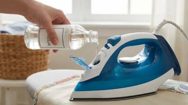 Mano che versa aceto nel serbatoio di un ferro da stiro a vapore per la pulizia e la decalcificazione