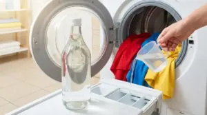 Aceto versato nella lavatrice con capi colorati per aiutare a fissare il colore al primo lavaggio