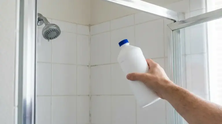 Mano che tiene un flacone di acqua ossigenata nella doccia con piastrelle bianche e soffione sullo sfondo