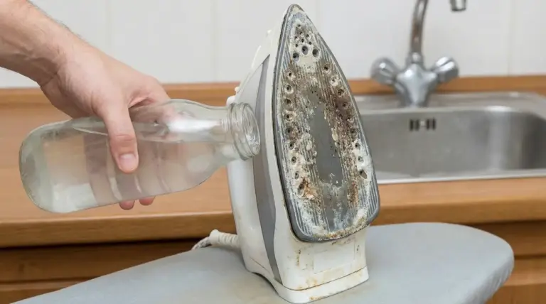 Mano versa acqua in un ferro da stiro con piastra incrostata di calcare vicino al lavandino