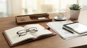 Scrivania con documenti ufficiali, occhiali, taccuino aperto e simbolo disabilità