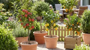 Alberi da frutto in vaso con mele, limoni e arance in un piccolo giardino