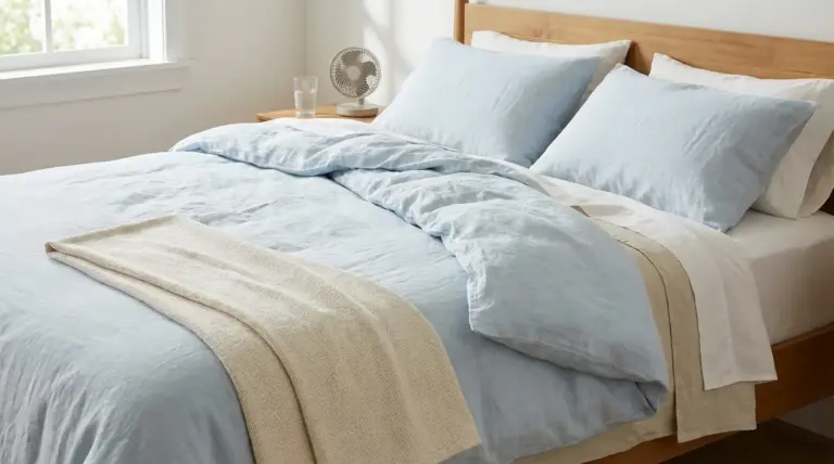 Letto con lenzuola chiare e copriletto leggero, con piccolo ventilatore sul comodino per dormire al fresco