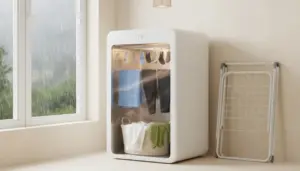 Asciugatrice compatta con capi stesi all’interno vicino a una finestra con pioggia, alternativa al bucato in casa