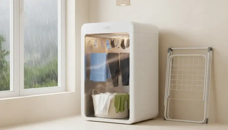 Asciugatrice compatta con capi stesi all’interno vicino a una finestra con pioggia, alternativa al bucato in casa