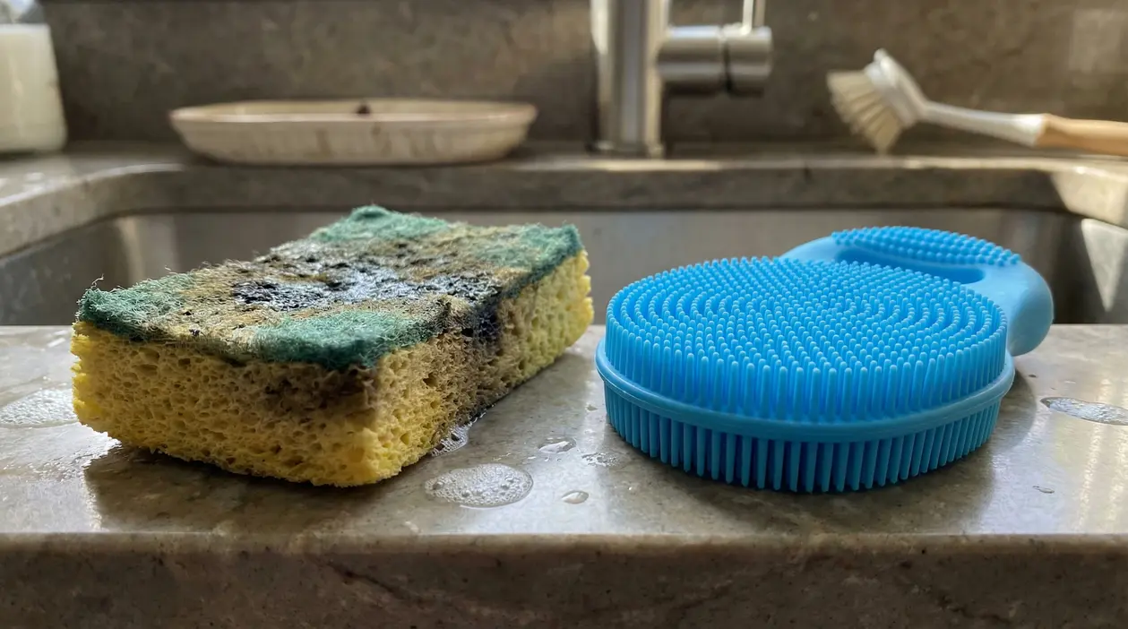Spugna da cucina usurata accanto a una spazzola in silicone blu su un lavandino