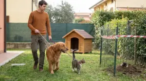 Persona in giardino con cane e gatto al guinzaglio vicino a una cuccia e a una recinzione