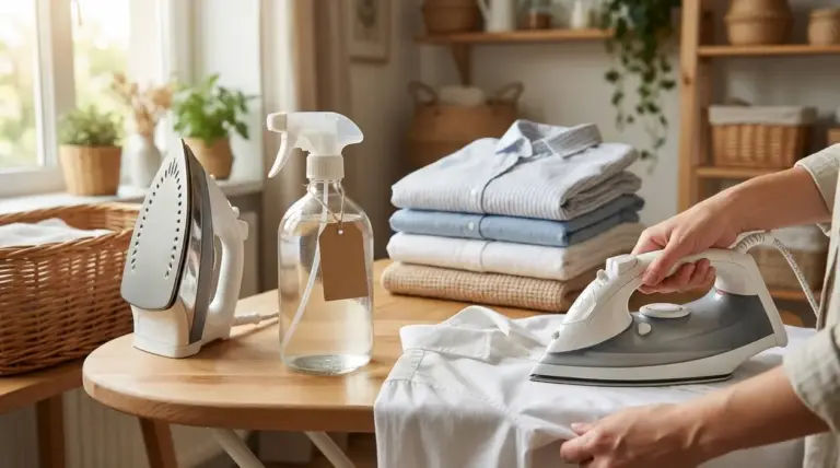 Persona stira una camicia bianca accanto a uno spray per appretto fatto in casa e vestiti piegati