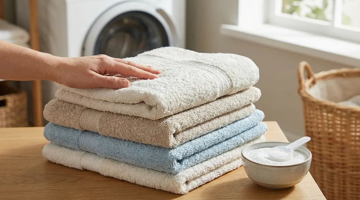Pila di asciugamani puliti su un tavolo con una mano, lavatrice sullo sfondo e una ciotola di bicarbonato