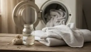Asciugamani bianchi accanto alla lavatrice con un barattolo di liquido e un sacchetto, per un lavaggio più morbido