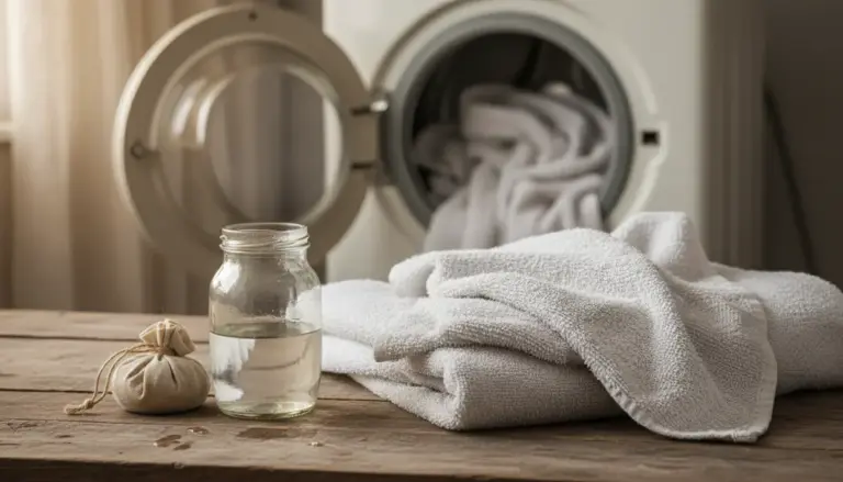 Asciugamani bianchi accanto alla lavatrice con un barattolo di liquido e un sacchetto, per un lavaggio più morbido