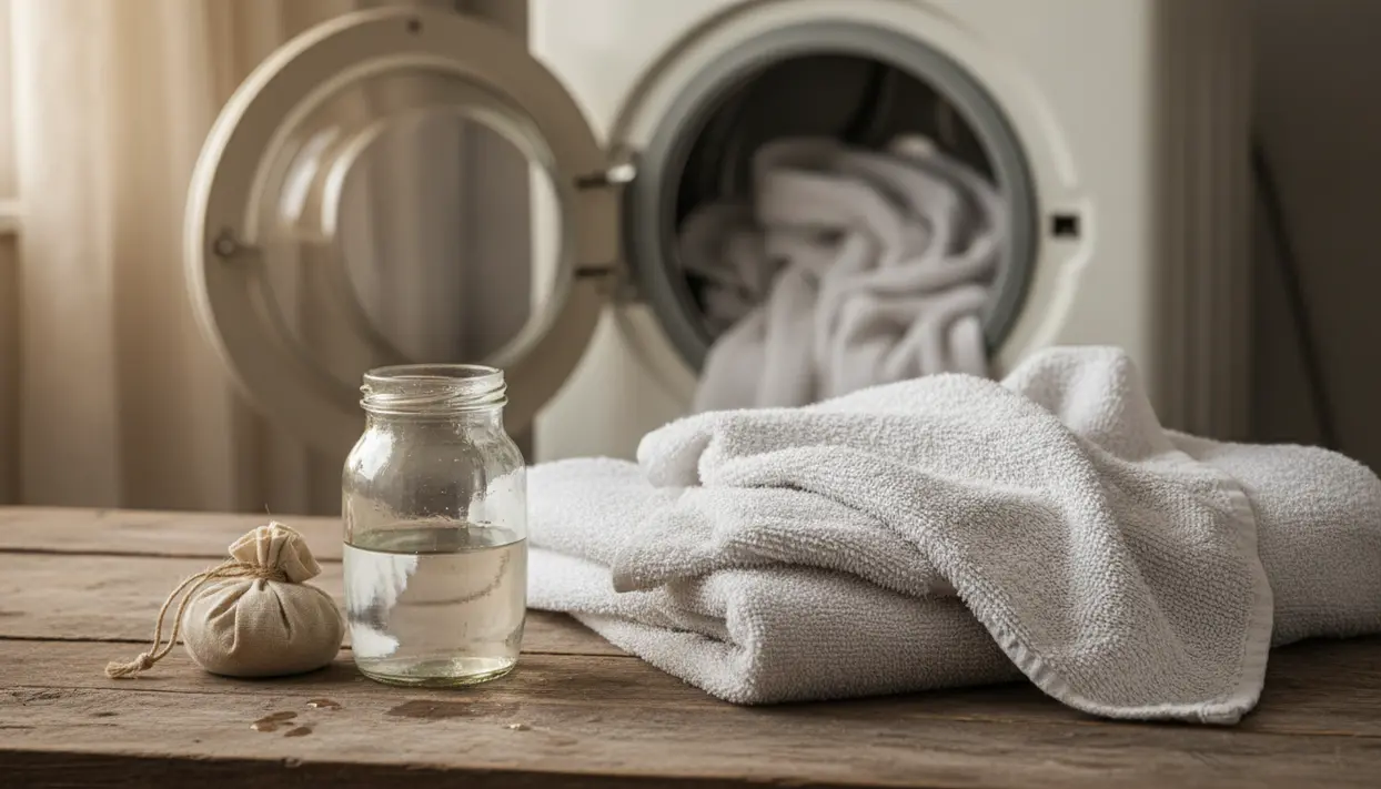 Asciugamani bianchi accanto alla lavatrice con un barattolo di liquido e un sacchetto, per un lavaggio più morbido