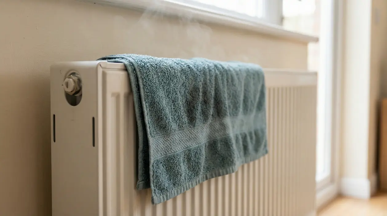 Asciugamano bagnato disteso su un termosifone acceso vicino a una finestra