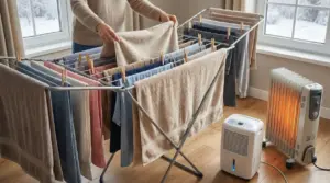 Stendibiancheria con asciugamani stesi vicino a termosifone e deumidificatore in una stanza durante l'inverno