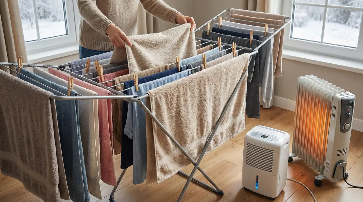 Stendibiancheria con asciugamani stesi vicino a termosifone e deumidificatore in una stanza durante l'inverno