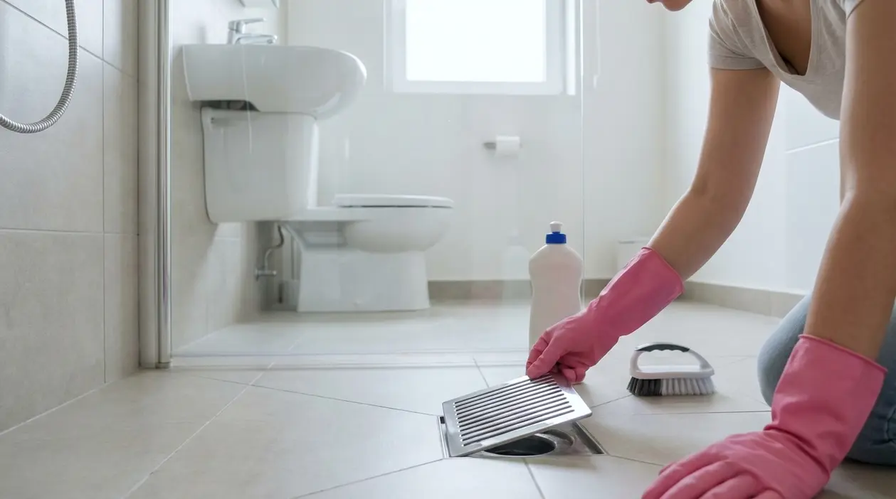 Persona con guanti rosa controlla lo scarico a pavimento del bagno vicino al WC, per individuare cattivi odori