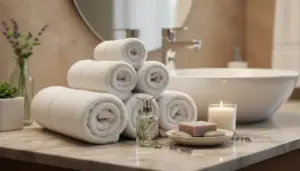 Asciugamani arrotolati, candela e sapone su lavabo per un bagno profumato in stile hotel
