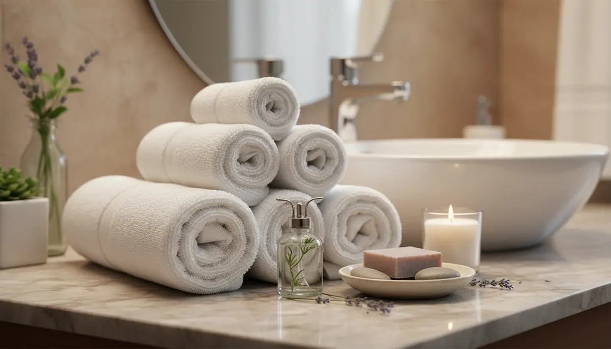 Asciugamani arrotolati, candela e sapone su lavabo per un bagno profumato in stile hotel