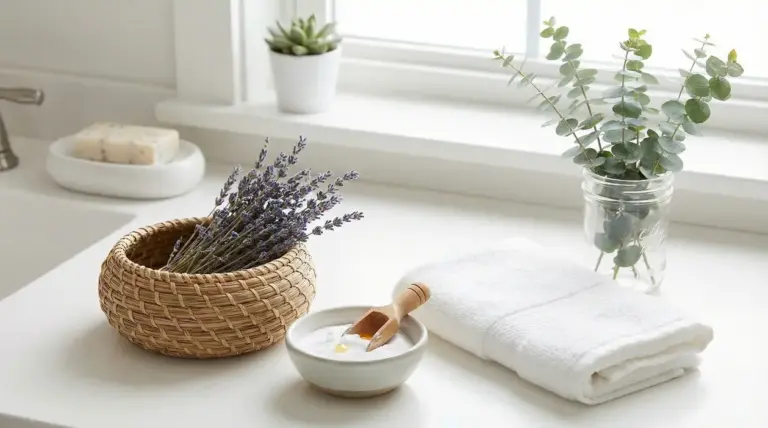 Bagno luminoso con lavanda, asciugamani bianchi e ingredienti naturali per profumare l’ambiente