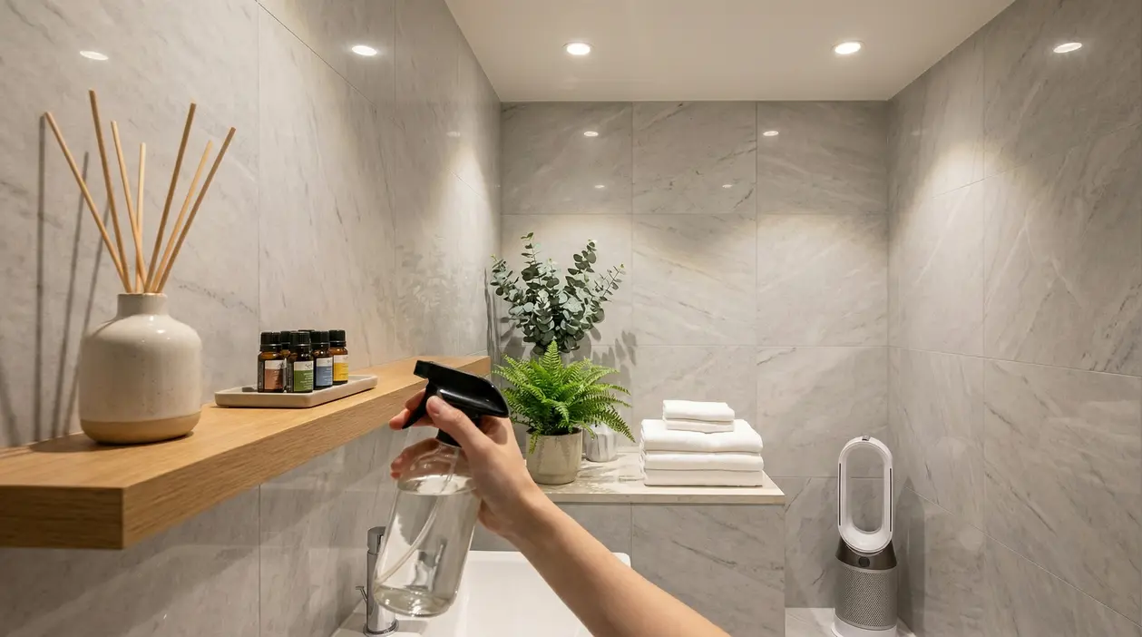 Mano che spruzza deodorante in un bagno senza finestra con diffusore, oli essenziali, piante e asciugamani puliti
