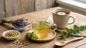 Tisane calde alla menta e camomilla su un tavolo di legno con erbe essiccate