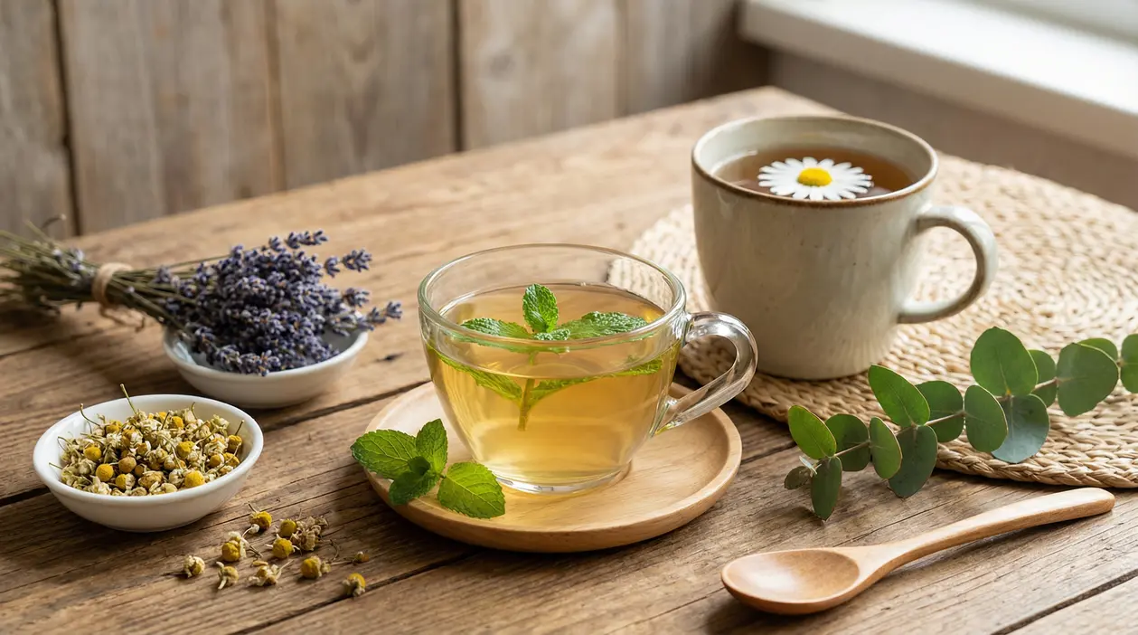 Tisane calde alla menta e camomilla su un tavolo di legno con erbe essiccate