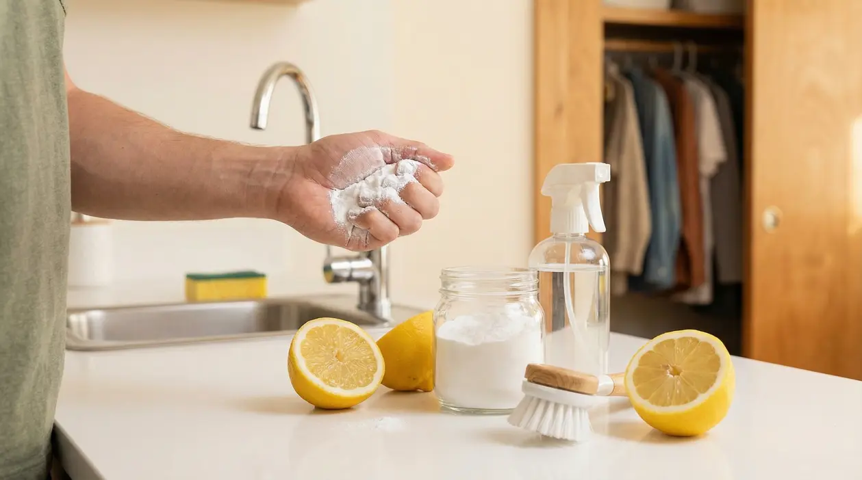 Mano con bicarbonato vicino a limoni, barattolo e spray, su un piano cucina con lavello e armadio sullo sfondo