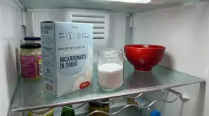Scatola e barattolo di bicarbonato di sodio su un ripiano del frigorifero accanto a una ciotola rossa