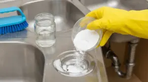 Mano con guanto giallo versa bicarbonato di sodio nello scarico del lavello in acciaio per pulizia e ingorghi