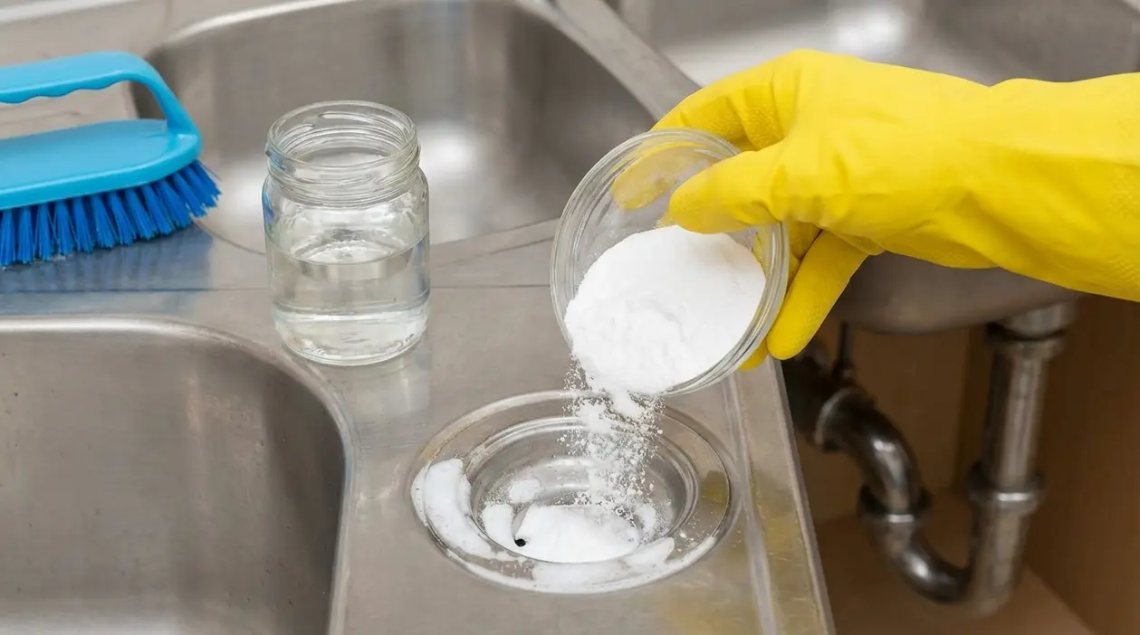 Mano con guanto giallo versa bicarbonato di sodio nello scarico del lavello in acciaio per pulizia e ingorghi