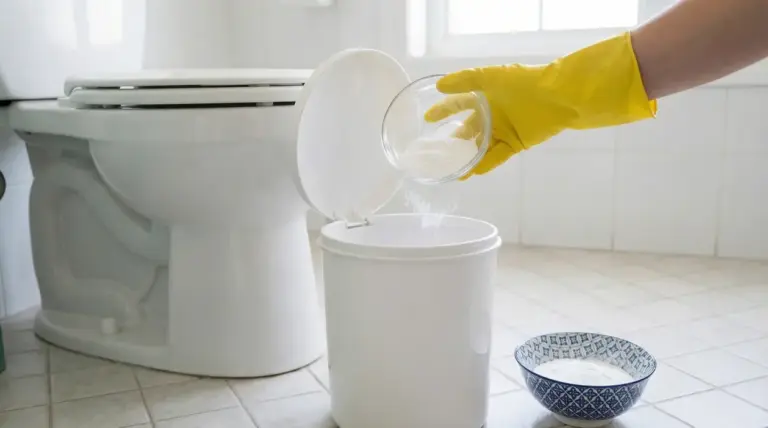 Mano con guanto giallo versa bicarbonato nel cestino del bagno accanto al WC per eliminare gli odori