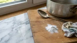 Bicarbonato su tagliere in legno accanto a piano in marmo graffiato, con pentola e cucchiaio in cucina