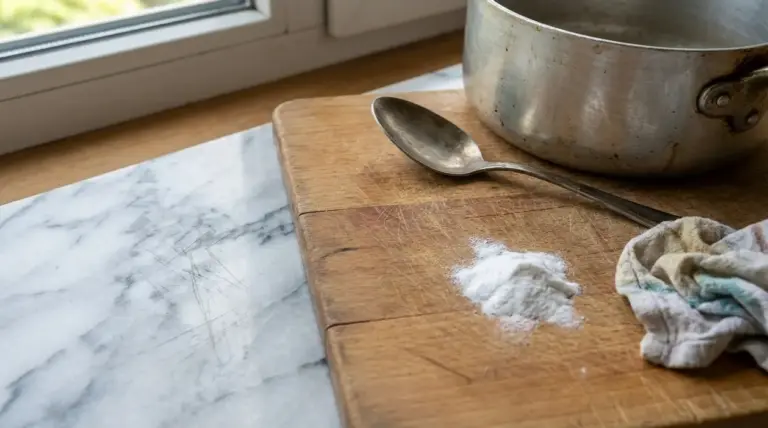 Bicarbonato su tagliere in legno accanto a piano in marmo graffiato, con pentola e cucchiaio in cucina