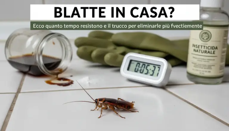 Blatta sul pavimento della cucina vicino a un barattolo rovesciato, un timer e un flacone di insetticida naturale