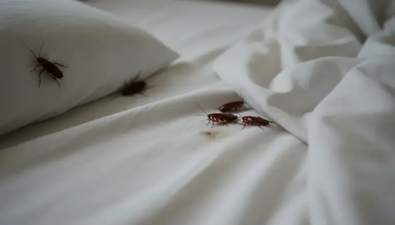 Blatte su lenzuola bianche vicino al cuscino, segnale di possibile infestazione in camera da letto