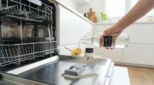 Mano versa aceto bianco nel dispenser del brillantante della lavastoviglie aperta, in cucina luminosa