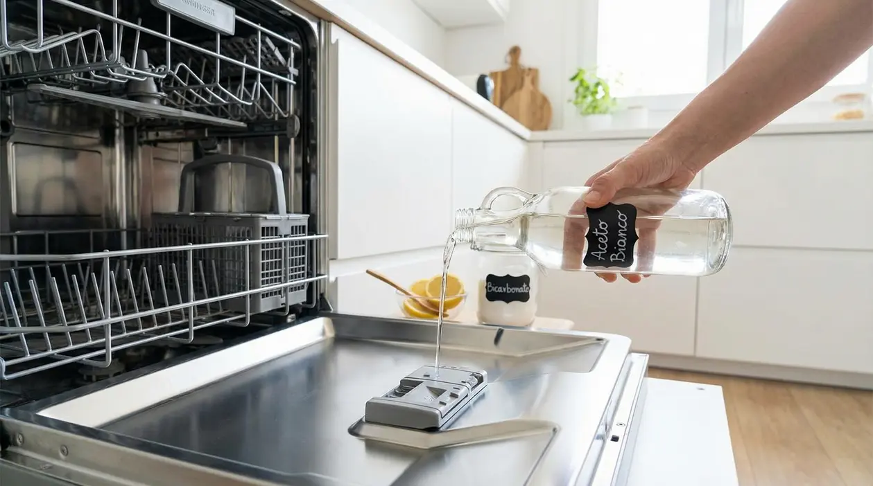 Mano versa aceto bianco nel dispenser del brillantante della lavastoviglie aperta, in cucina luminosa