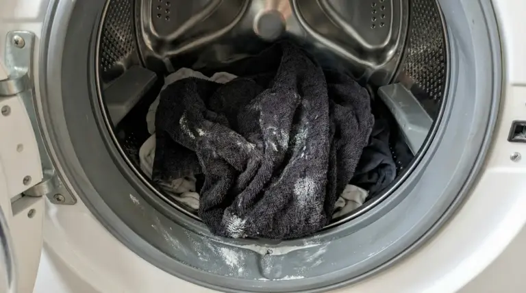 Panni scuri nel cestello della lavatrice con residui bianchi di detersivo, causa di bucato duro