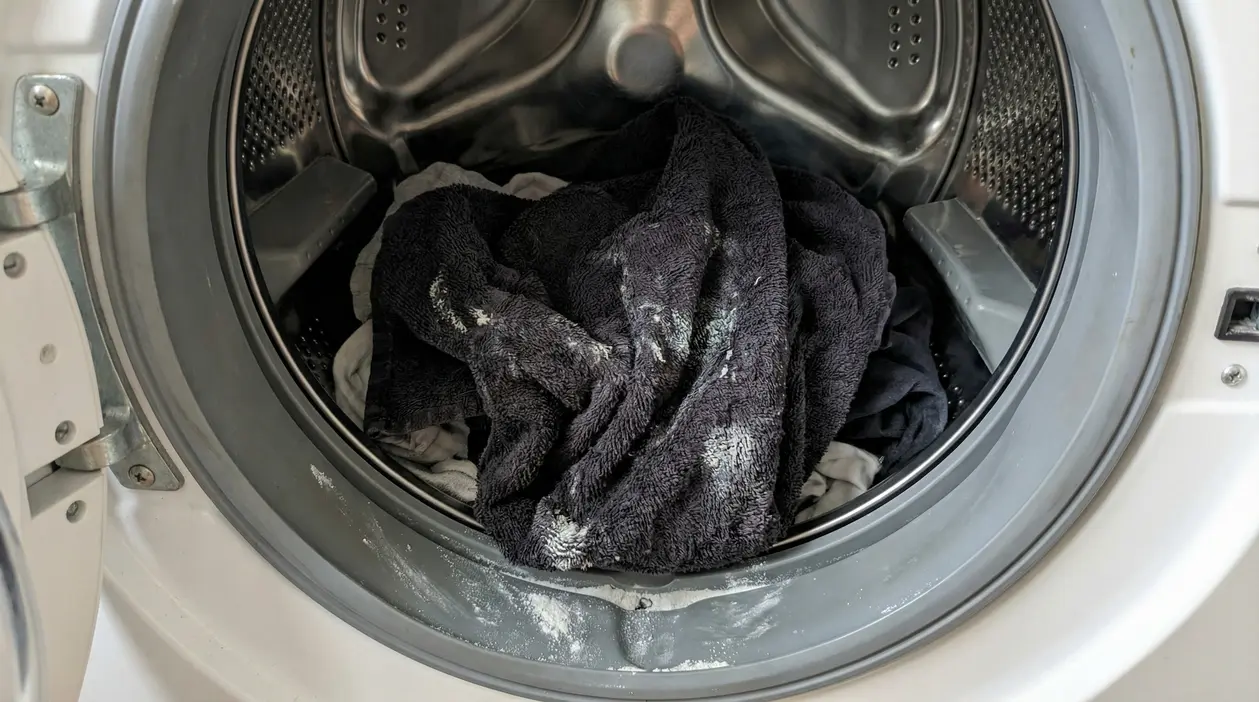 Panni scuri nel cestello della lavatrice con residui bianchi di detersivo, causa di bucato duro