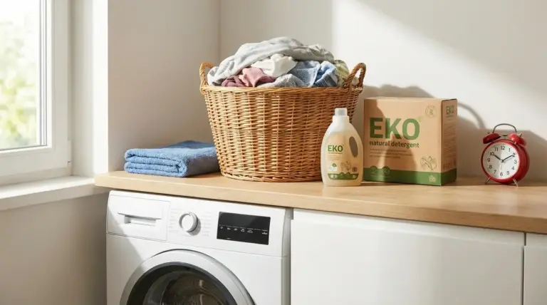 Lavatrice con cesto di bucato e detersivo ecologico in una lavanderia luminosa